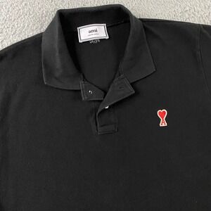 AMI Polo Shirt Mens Medium Short Sleeve Black Mesh‎ Knit Logo